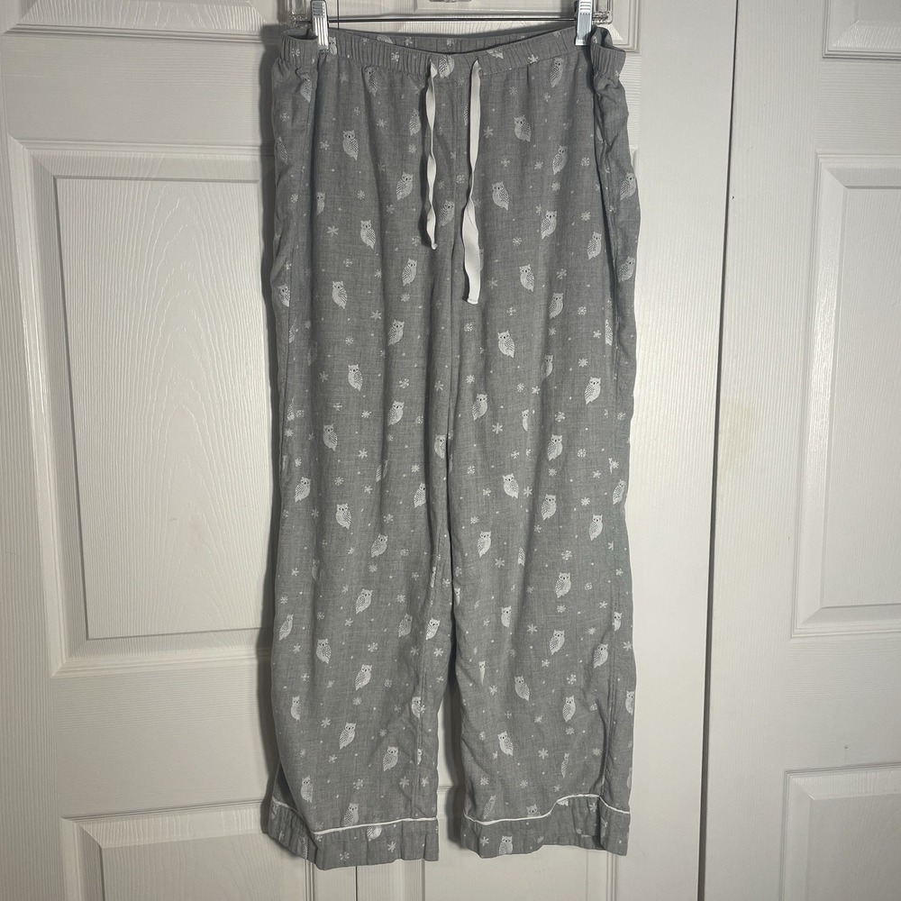 LOFT Sleep Cotton Blend Pajama Set Women L Gray Owls Short Sleeve Top Long Pants - Picture 3 of 11
